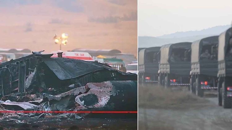 Gürcistan sınırında düşen askeri çağın enkazı tırlarla memlekete getirildi 